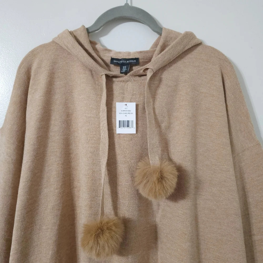 SAKS FITH AVENUE Nwt Drop Shoulder Faux Fur Trim Hoodie, Heather Camel Brown, XL - Picture 3 of 11